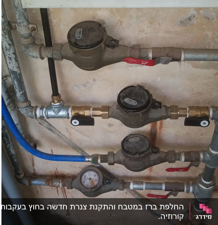 מד מים וצינורות מתכת עם ברזים אדומים